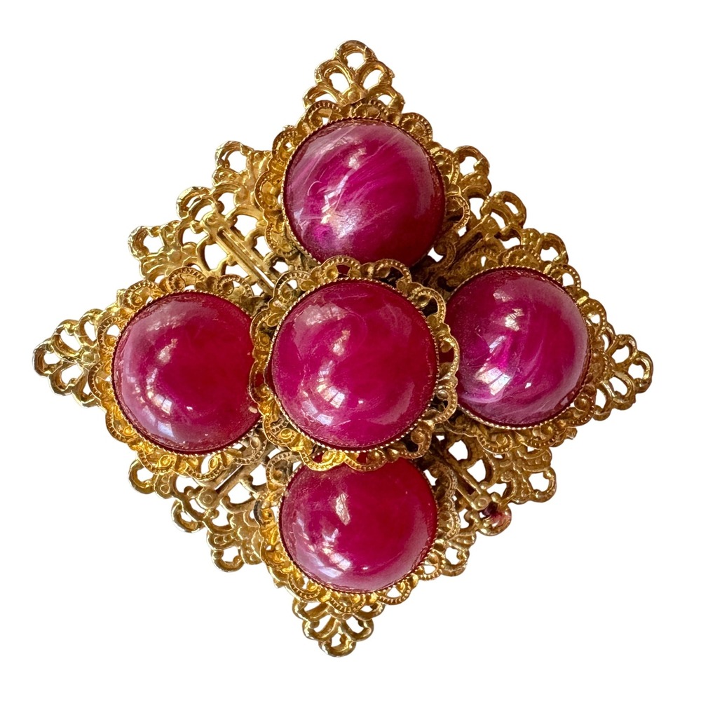 Vintage Ruby Red Cabochon Maltese Cross Style Statement Brooch, Gold‎ Filigree